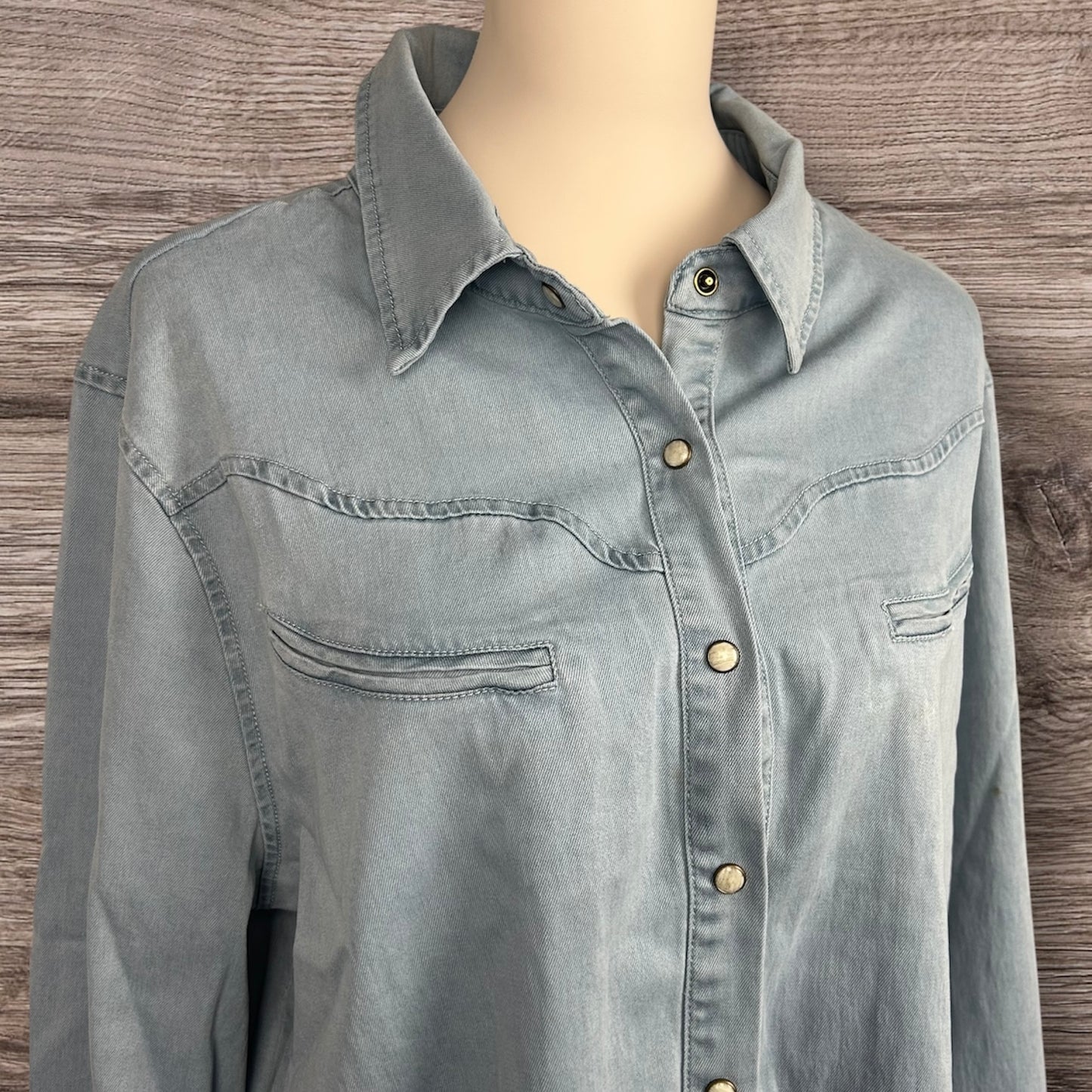 Pearl Snap Button Down Light Wash Blue Shirt Plus Size