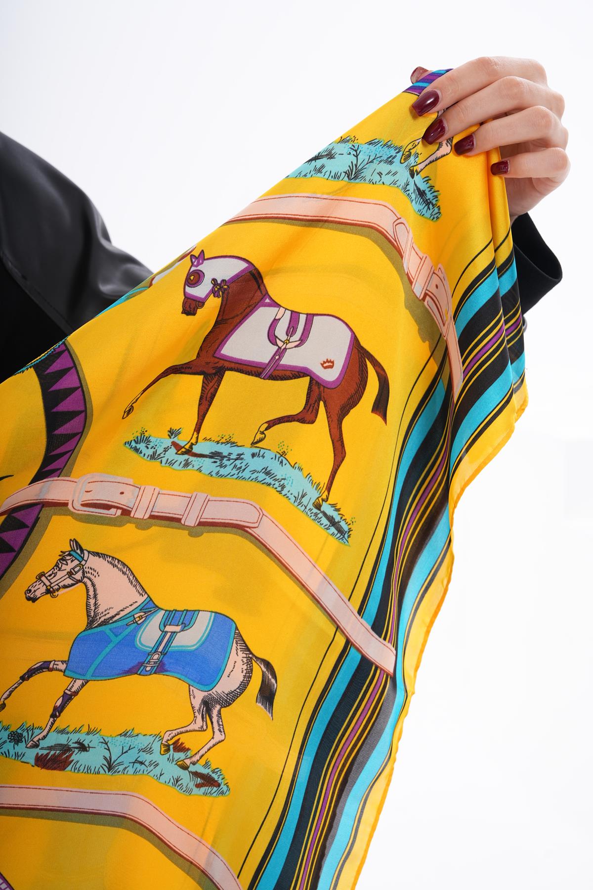 Patterned Square Wild Rag Shawl Horse Equine 35x35" Yellow