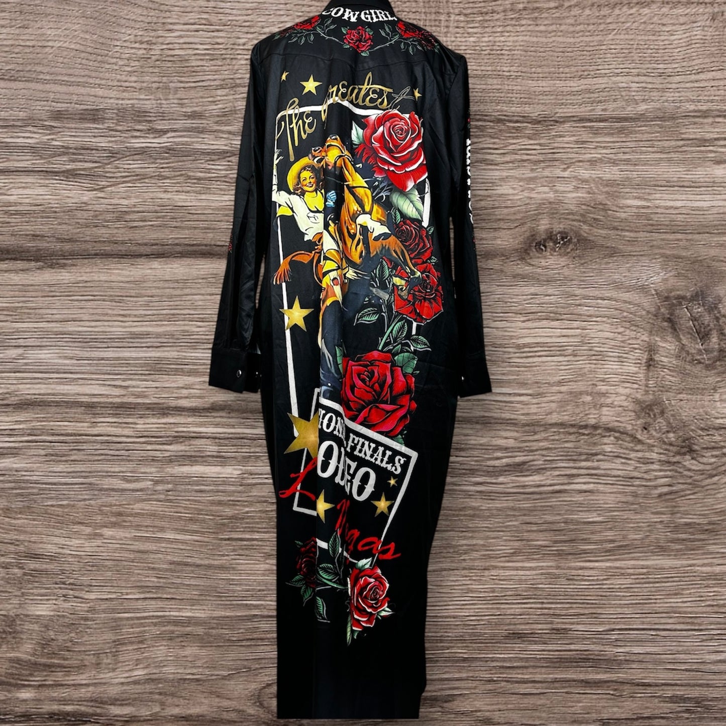 National Rodeo Dress Duster Maxi Black Printed Cowgirl Pockets
