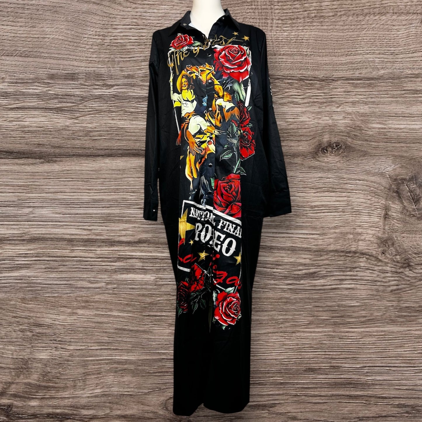 National Rodeo Dress Duster Maxi Black Printed Cowgirl Pockets