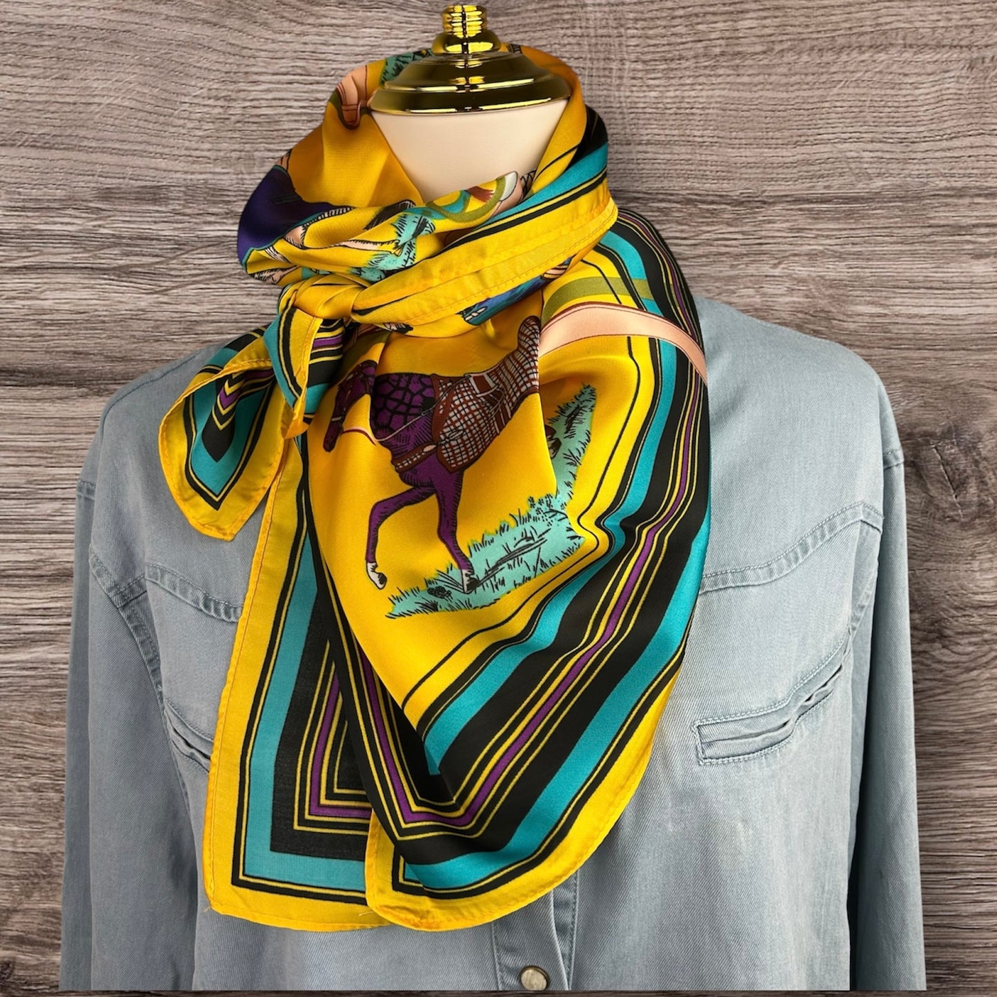 Patterned Square Wild Rag Shawl Horse Equine 35x35" Yellow