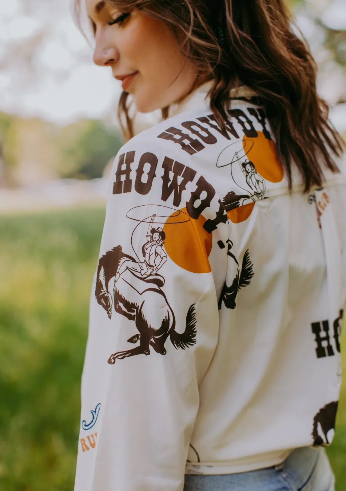 Retro Cowgirl Print Snap Button Up Shirt