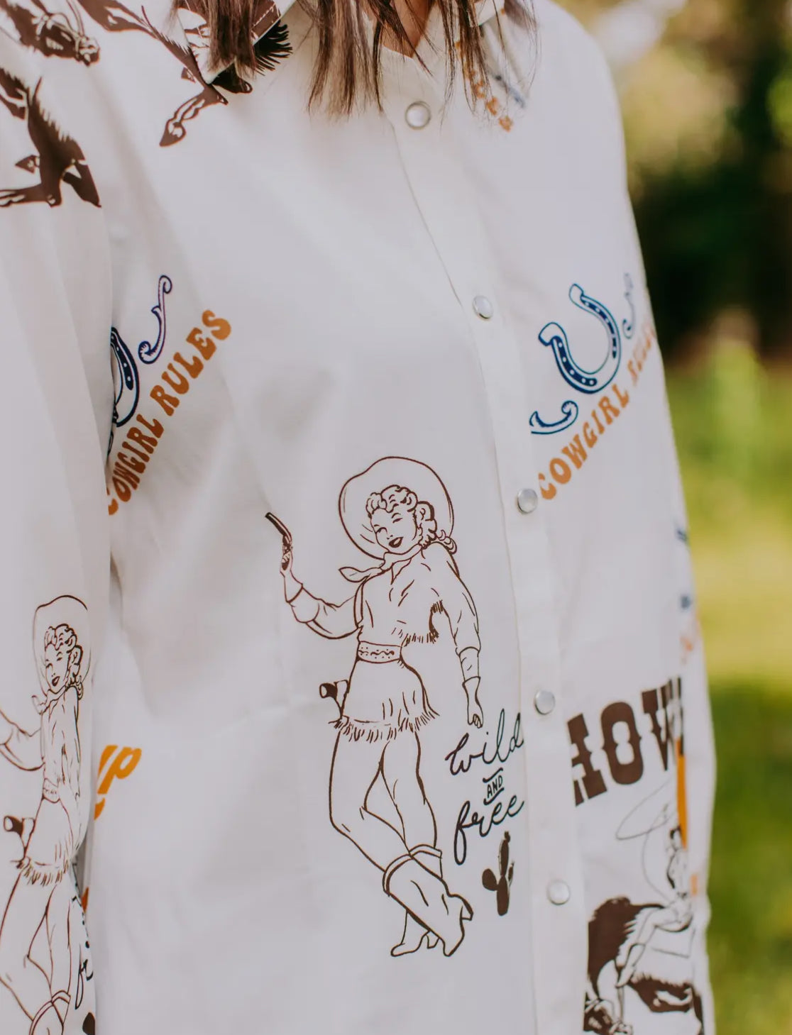 Retro Cowgirl Print Snap Button Up Shirt