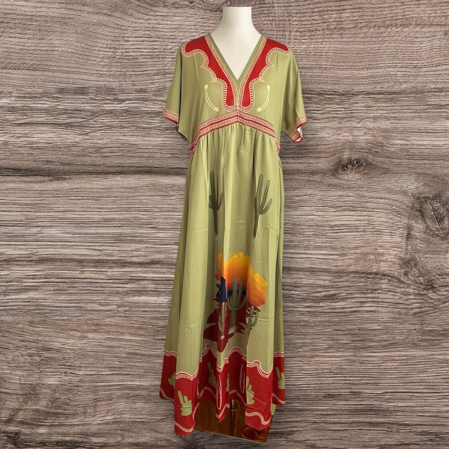 Sage Green Cactus Sunset Print Maxi Dress