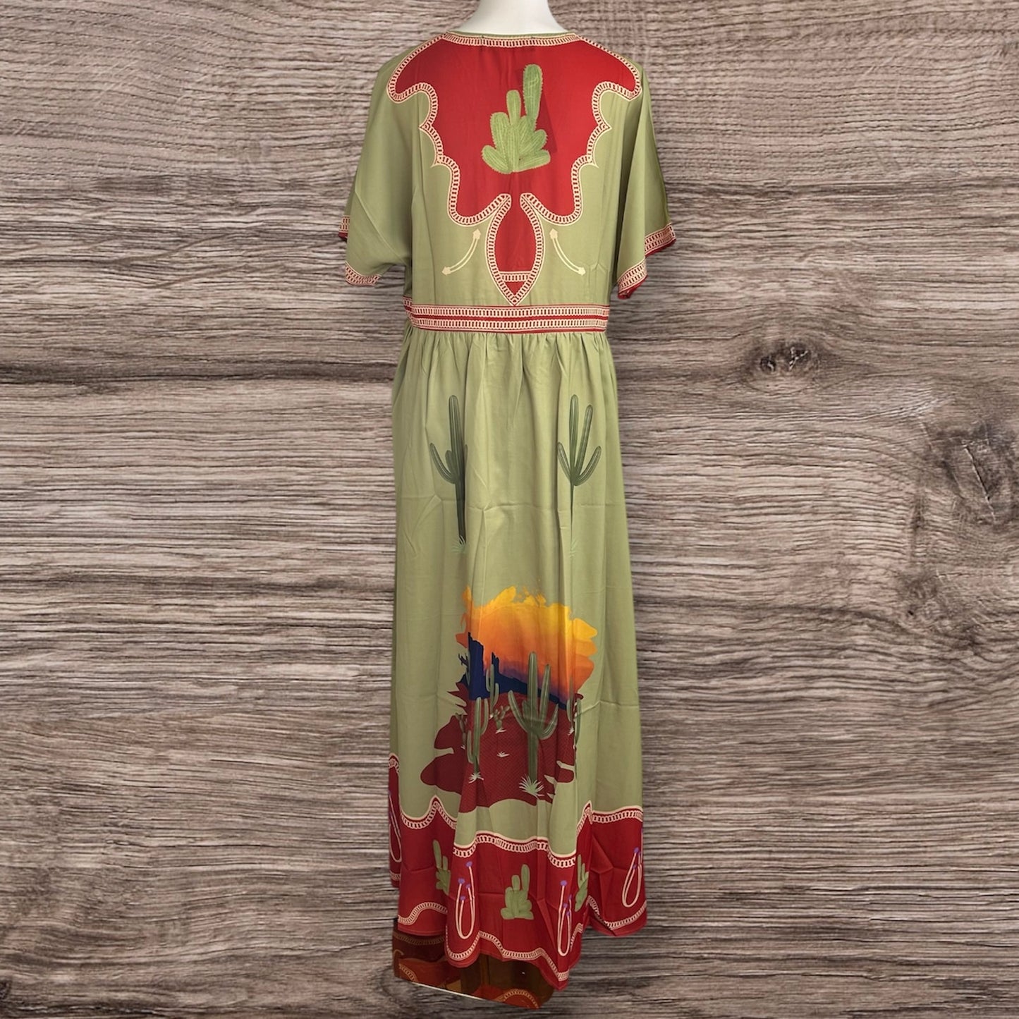 Sage Green Cactus Sunset Print Maxi Dress