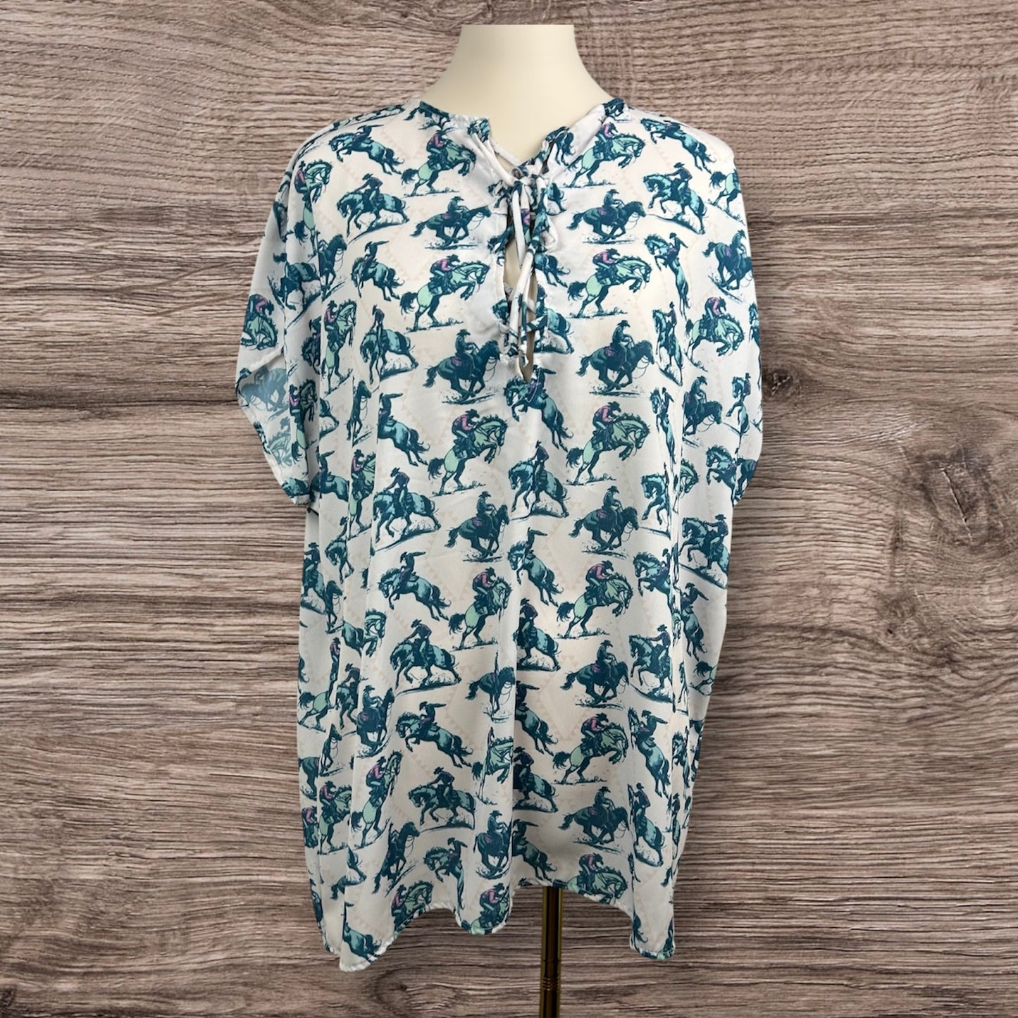 Ivory Jade Cowboy Print Front Tie Shirt Cowgirl Plus Size