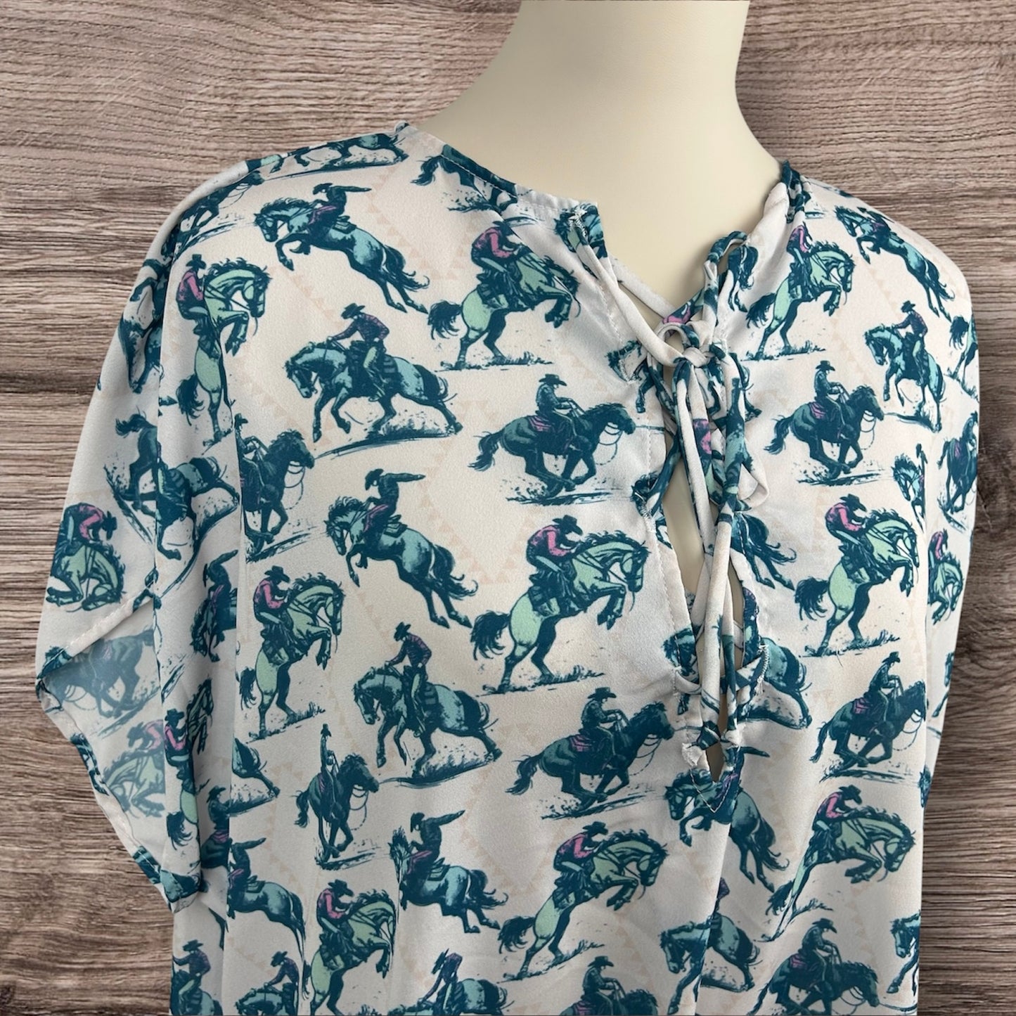 Ivory Jade Cowboy Print Front Tie Shirt Cowgirl Plus Size