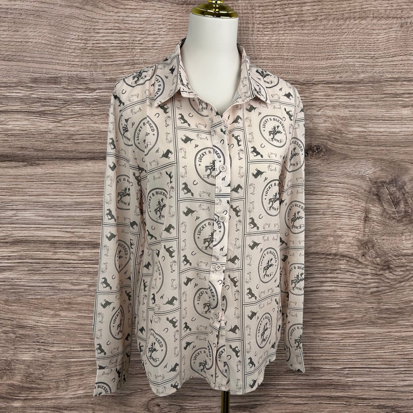 Ivory Western Chiffon Collared Shirt Horses Cowgirl