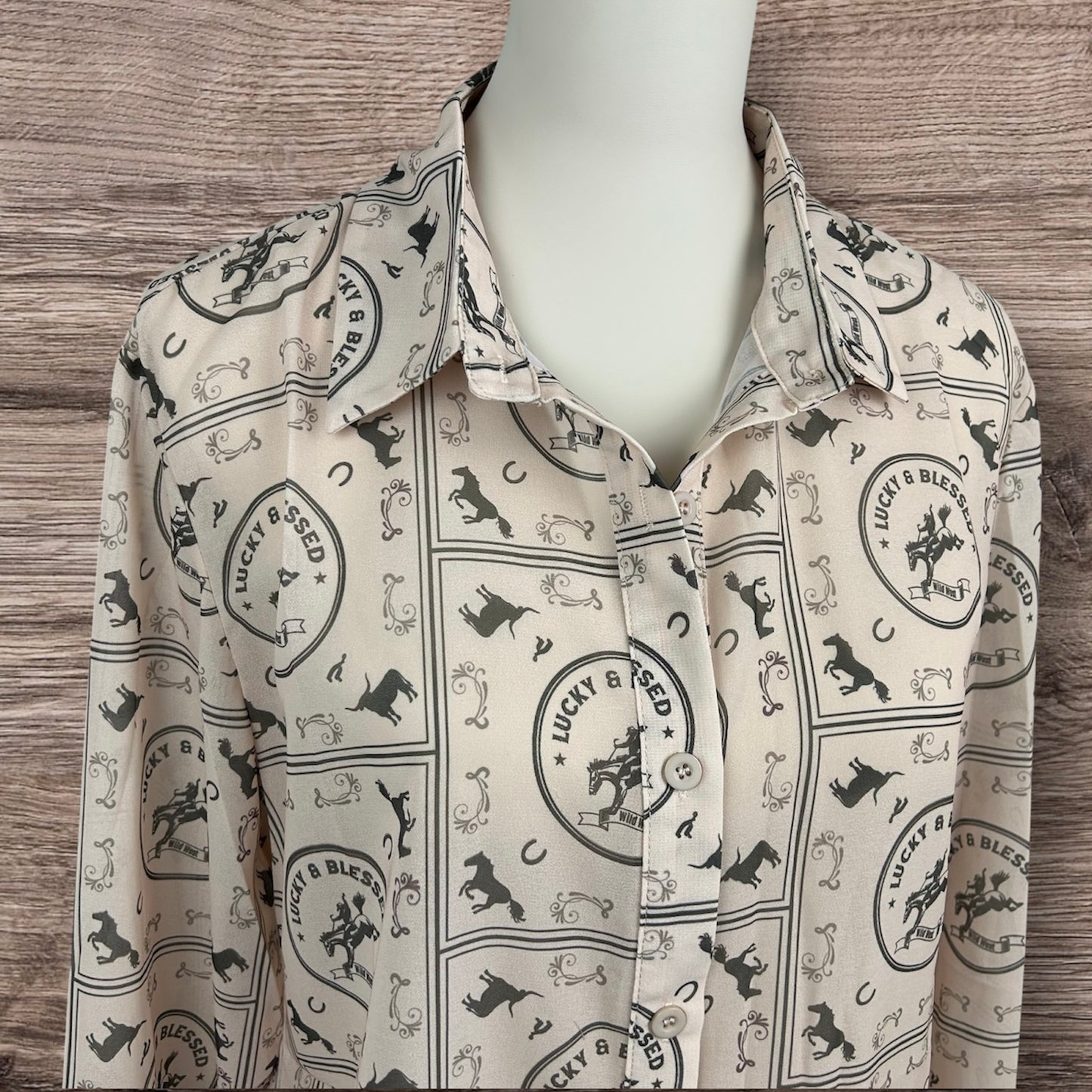 Ivory Western Chiffon Collared Shirt Horses Cowgirl