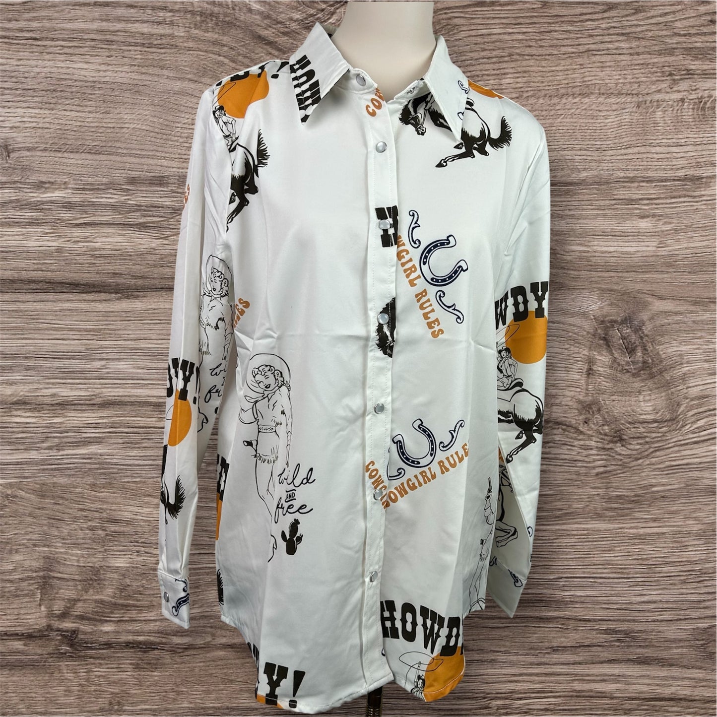 Retro Cowgirl Print Snap Button Up Shirt