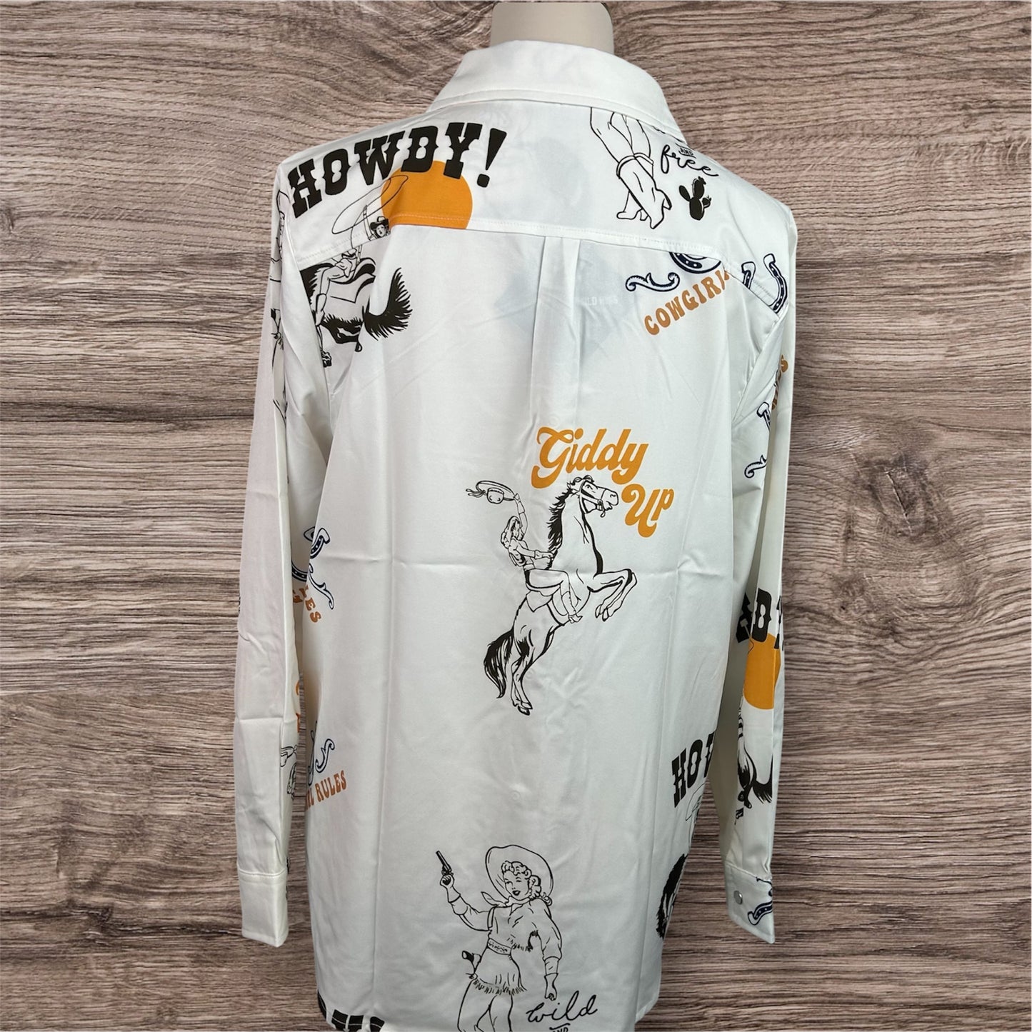 Retro Cowgirl Print Snap Button Up Shirt