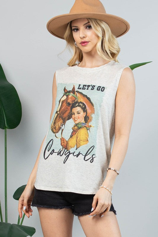 Western Vintage Girl Cowgirl Shirt Beige Sleeveless