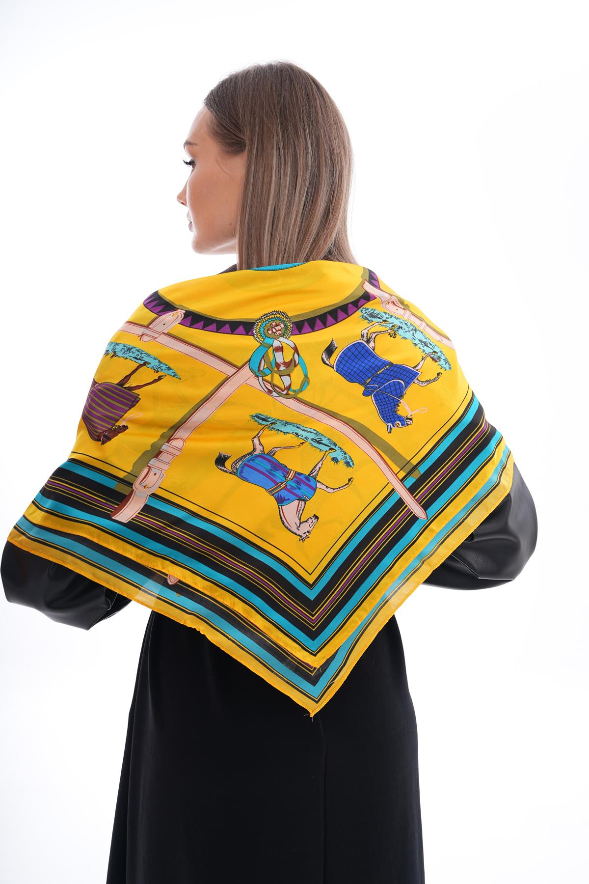 Patterned Square Wild Rag Shawl Horse Equine 35x35" Yellow