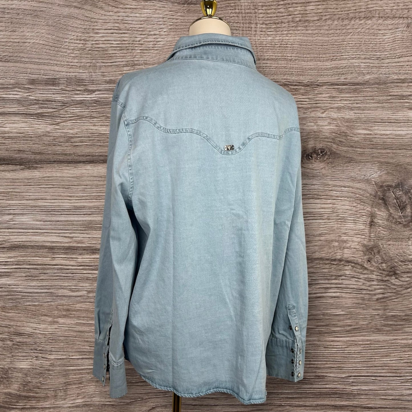 Pearl Snap Button Down Light Wash Blue Shirt Plus Size