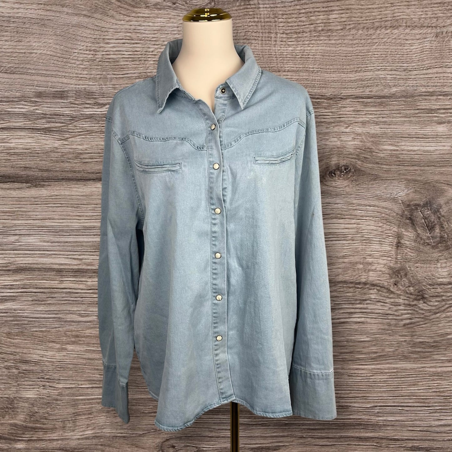 Pearl Snap Button Down Light Wash Blue Shirt Plus Size
