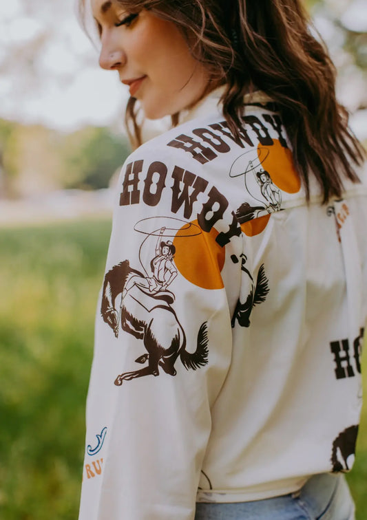 Retro Cowgirl Print Snap Button Up Shirt