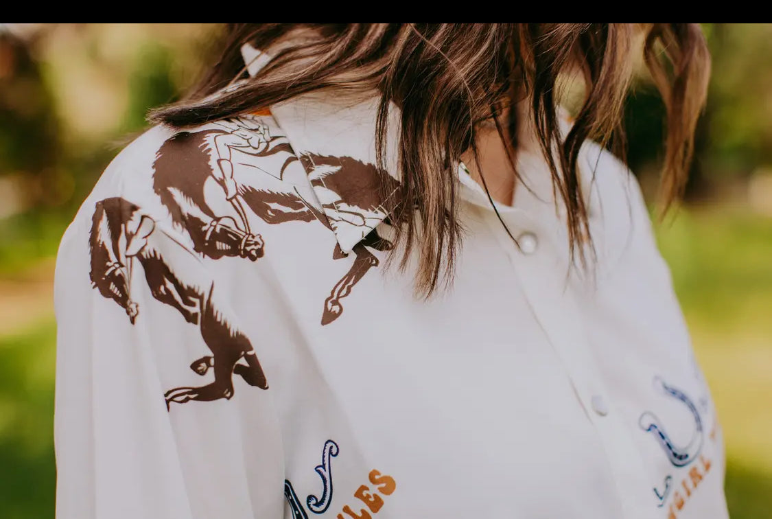 Retro Cowgirl Print Snap Button Up Shirt