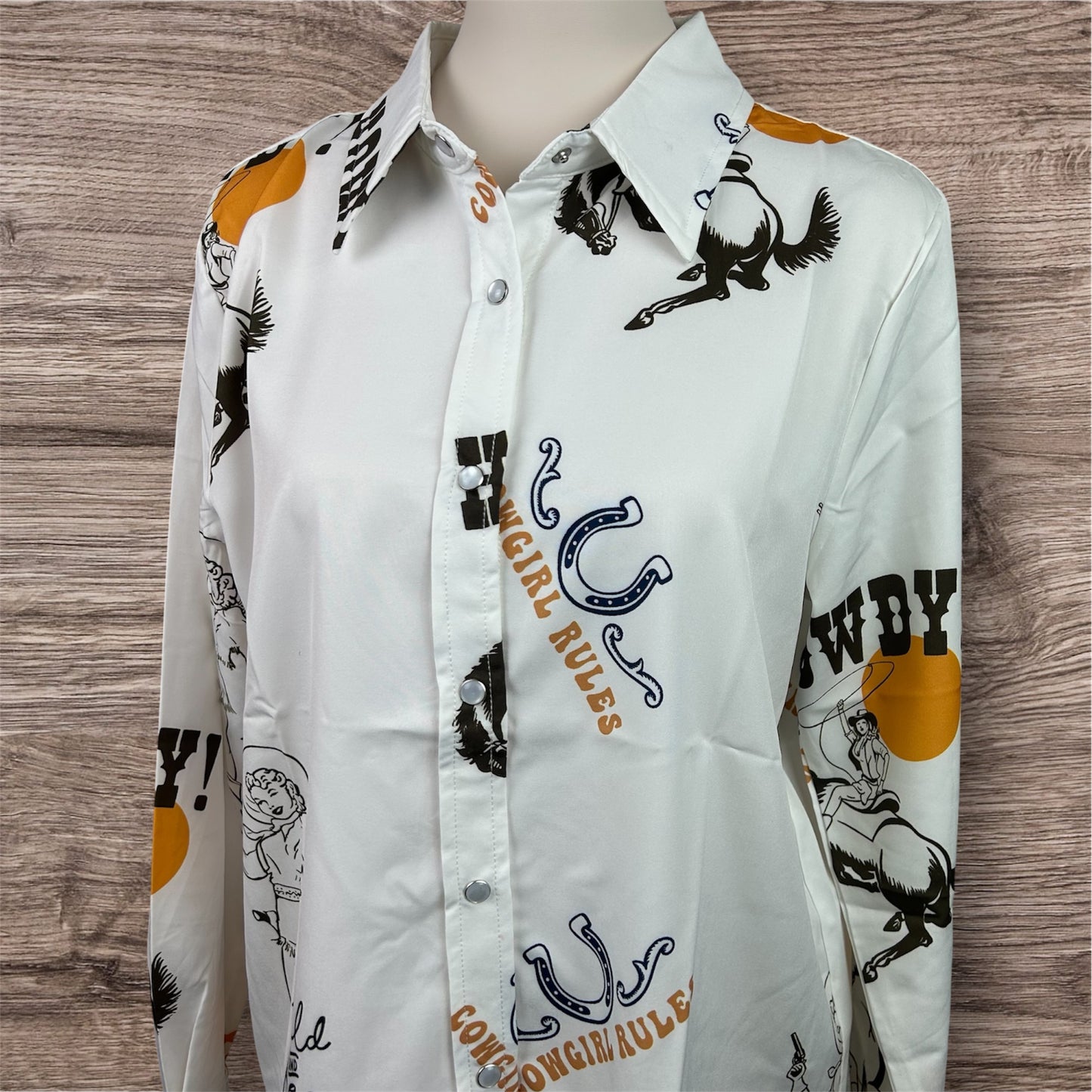 Retro Cowgirl Print Snap Button Up Shirt