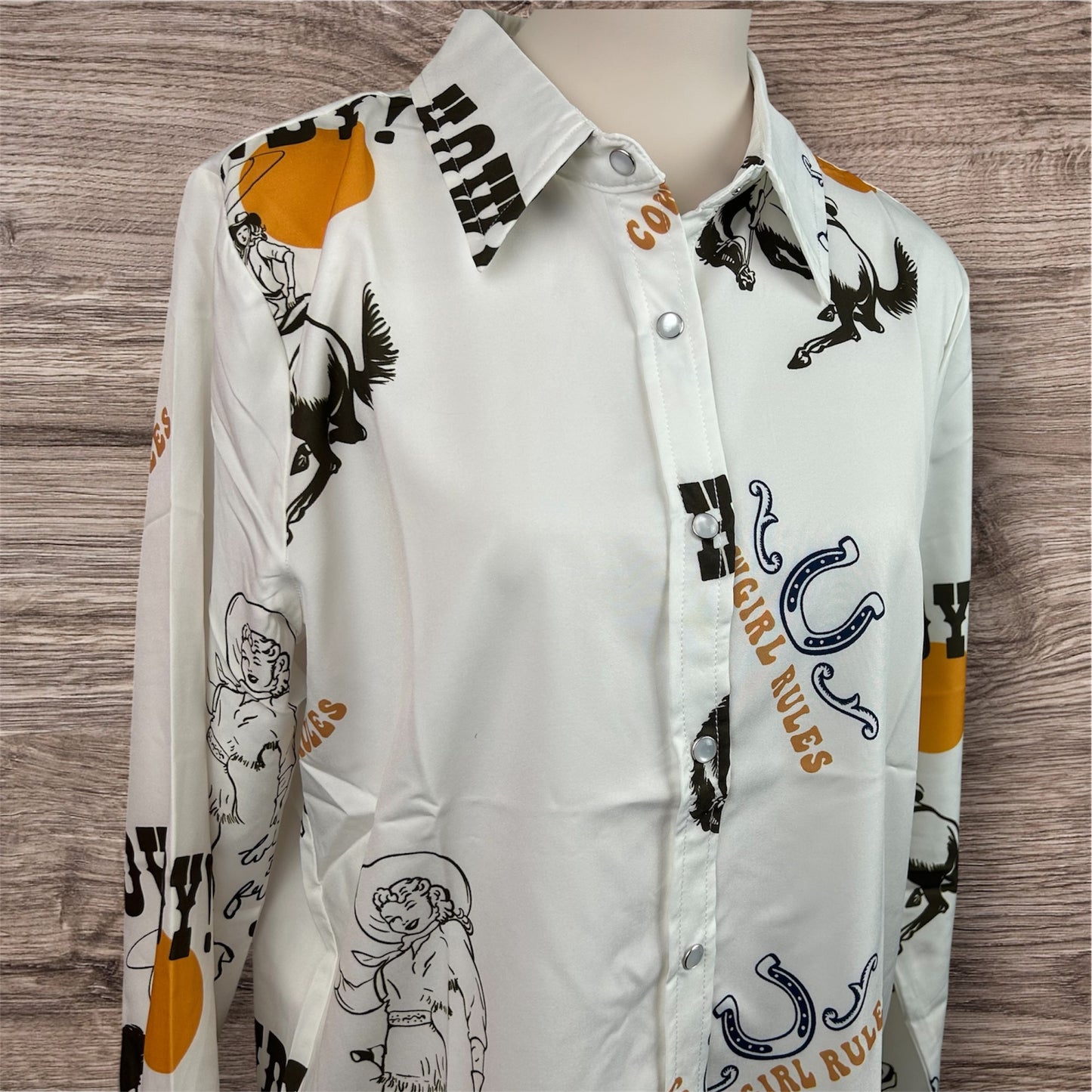 Retro Cowgirl Print Snap Button Up Shirt