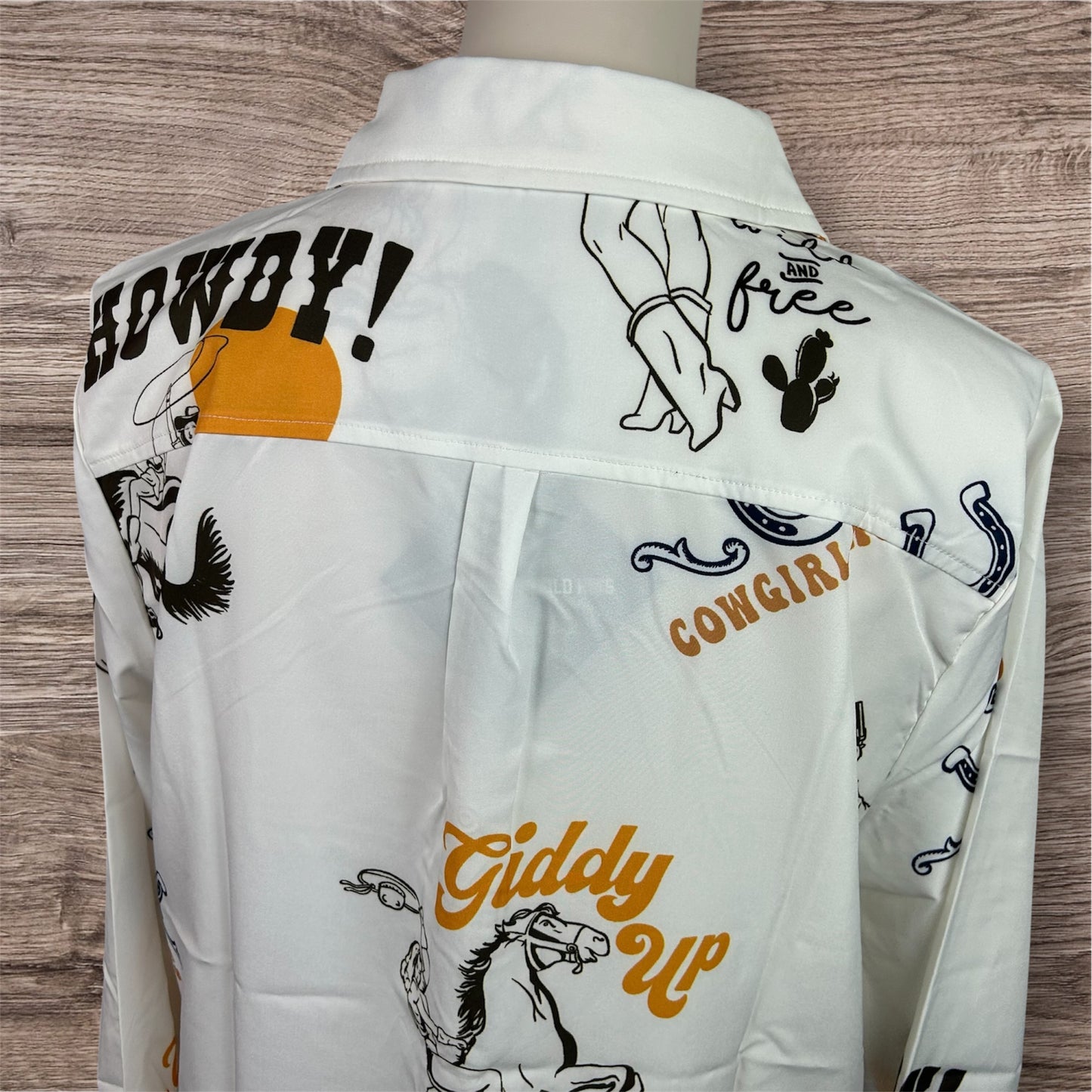 Retro Cowgirl Print Snap Button Up Shirt