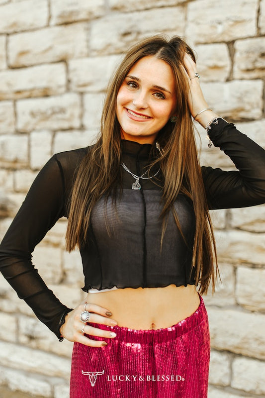 Mesh Top Black Crop Long Sleeve