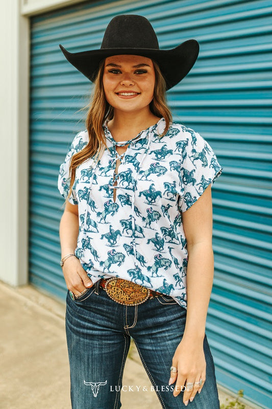 Ivory Jade Cowboy Print Front Tie Shirt Cowgirl Plus Size