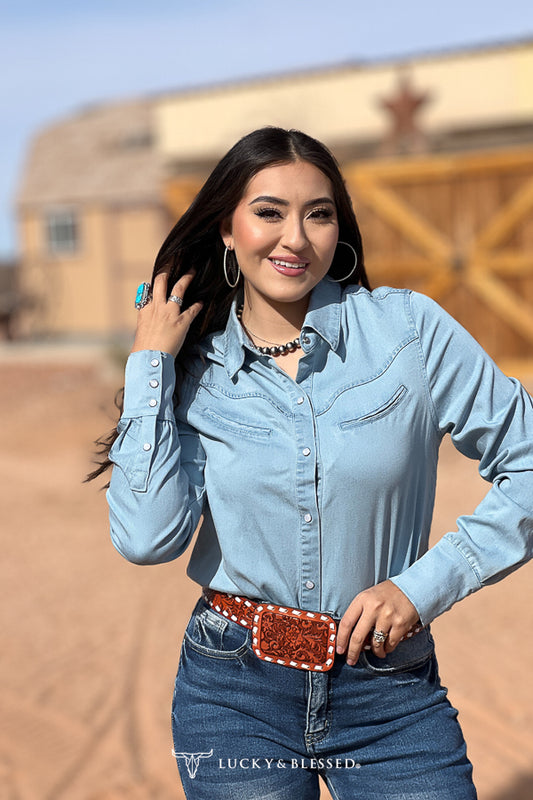 Pearl Snap Button Down Light Wash Blue Shirt Plus Size