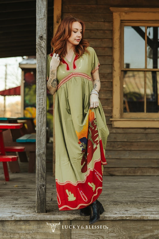 Sage Green Cactus Sunset Print Maxi Dress