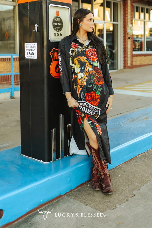 National Rodeo Dress Duster Maxi Black Printed Cowgirl Pockets