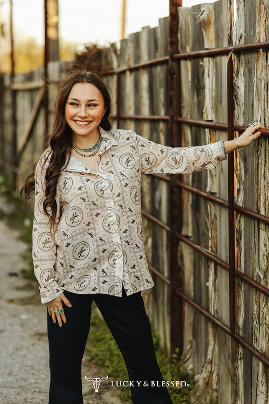 Ivory Western Chiffon Collared Shirt Horses Cowgirl